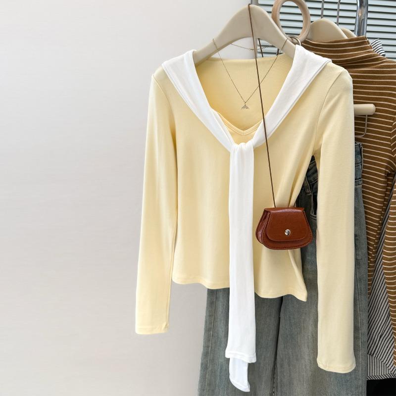 Sweet and spicy fake two-piece shawl long-sleeved T-shirt for women's autumn slim-fitting and thin inner bottoming shirt v-neck clothes