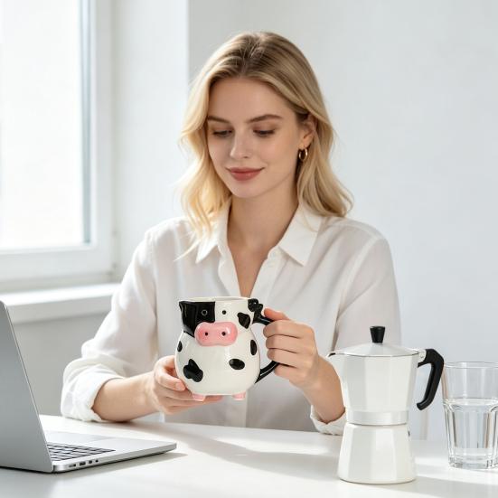 Tazze da Caffè da Ufficio con Manico, Tazza in Ceramica Mucca 3D, Capacità 580ml, Tazze Mattutine Carine, Tazza Animale, Decorazione da Scrivania Originale per Casa E