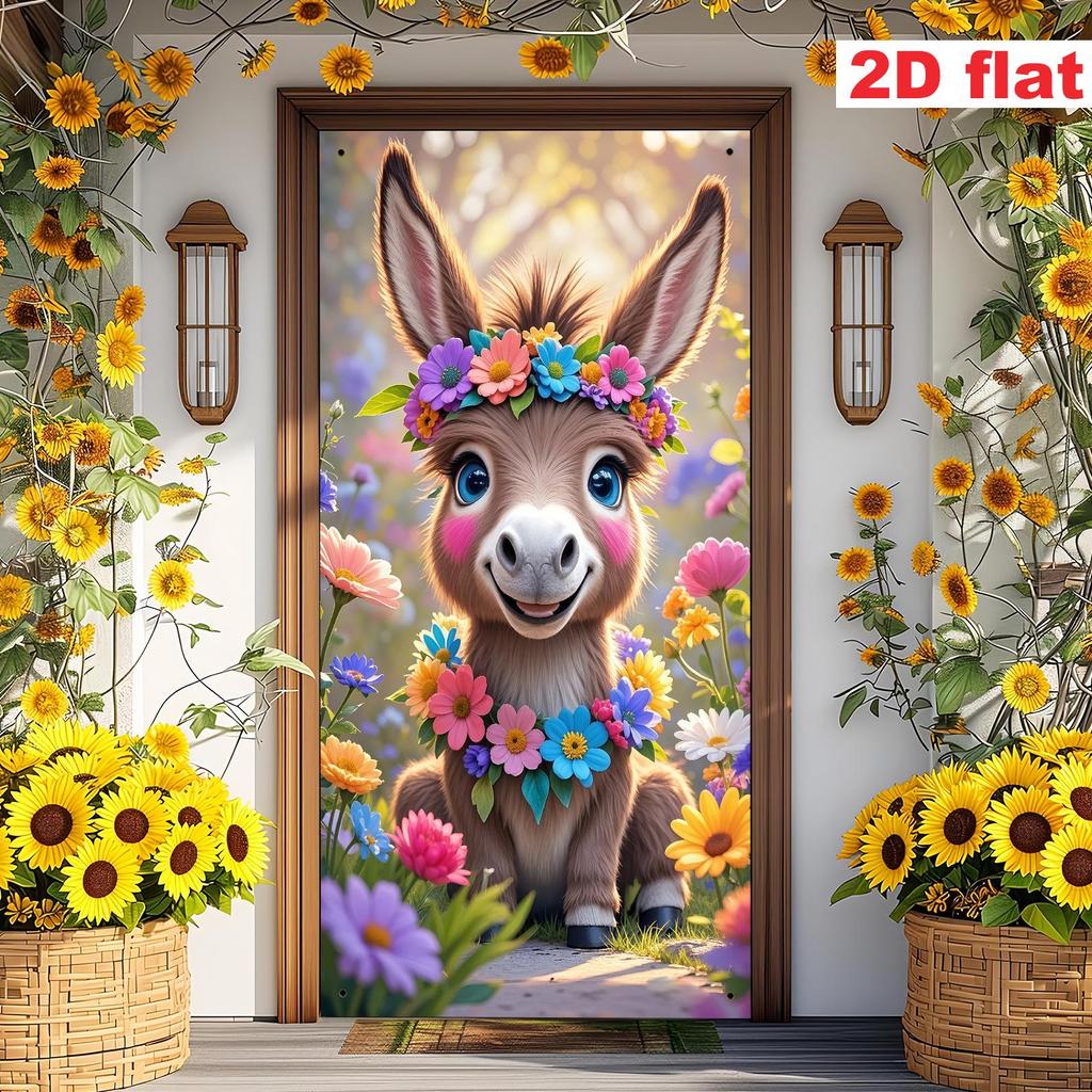 Easter Cartoon Calf Floral Door Banner - Spring Party Decoration