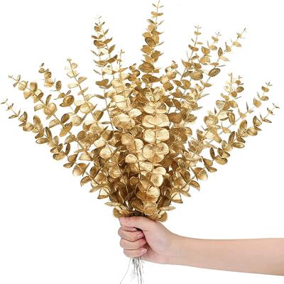 36 Stück Künstlicher Goldener Eukalyptus Blütenzweig Stiel Simulation Kunststoff Falsche Pflanze Blätter Zuhause Hochzeit Blumenarrangement Dekor