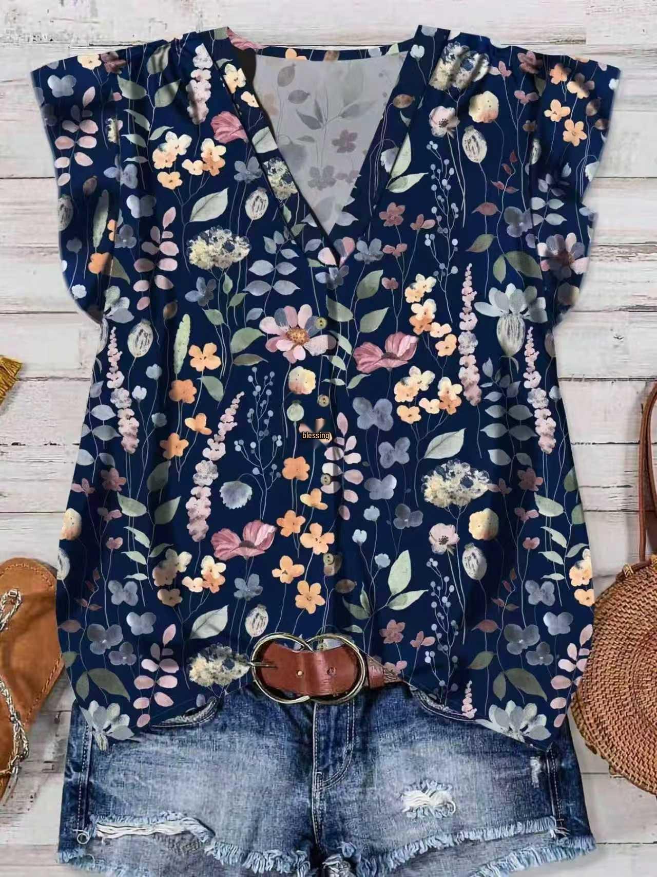 

Plus Size Women s Floral Print V-neck Casual Shirt - In Stock 2026 4XL цветочный/синий