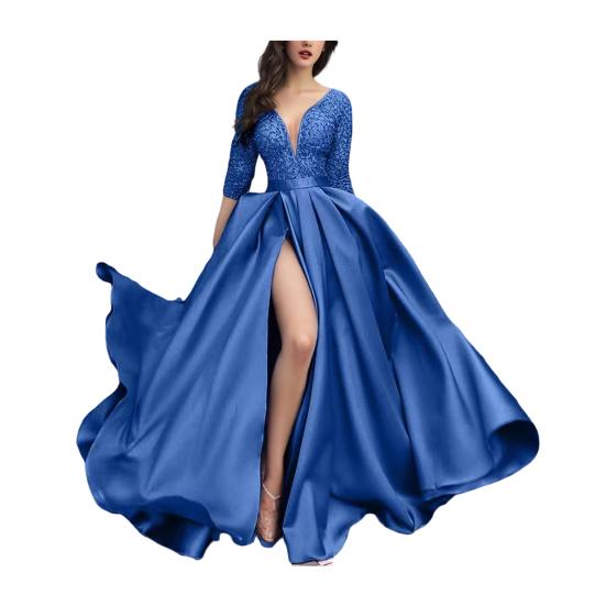 Sexy Deep V-Neck Maxi Dress for Women Sheer Lace Long Sleeve High Split Cocktail Party Dress Formal Evening Gown