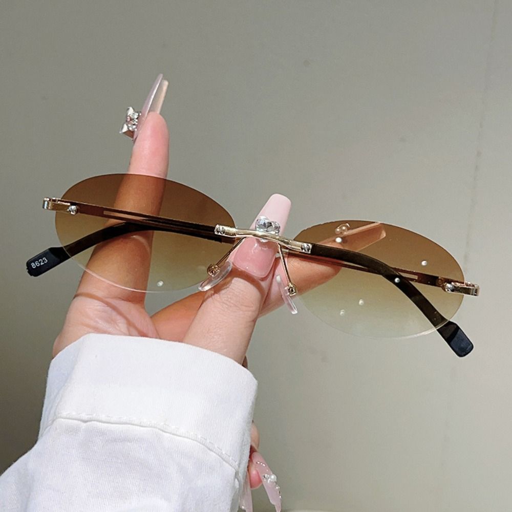 Vintage Rimless Oval Sunglasses Gradient UV Protection Sunglasses Sweet Cool Fashion Shades  Travel