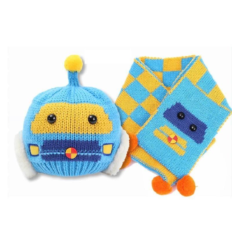 

Cozy Knit Baby Scarf And Hat Set Adorable Car Design For Boys And Girls синий