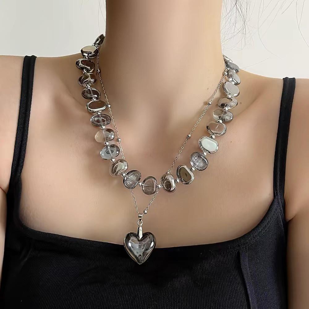 Waterdrop Crystal Beaded Necklace For Women Handmade Heart Pendant Double Layer Jewelry