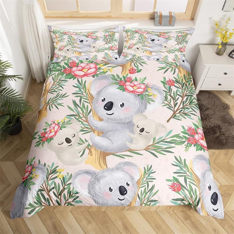 Kids Cute Koala Duvet Cover Microfiber Girls Cartoon Animal Bedding Set Twin King Australia Wild Animals Floral Comforter Cover