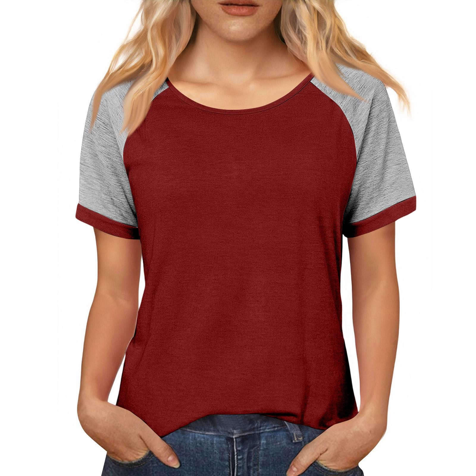 

Women s Casual Loose Contrast Color Stitching Round Neck Short Sleeve Top XL винний