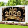 Black Gold 2026 New Year Banner Glitter Pink Polyester Party Backdrop Firework Balloons Celebrate Photography Backdrop