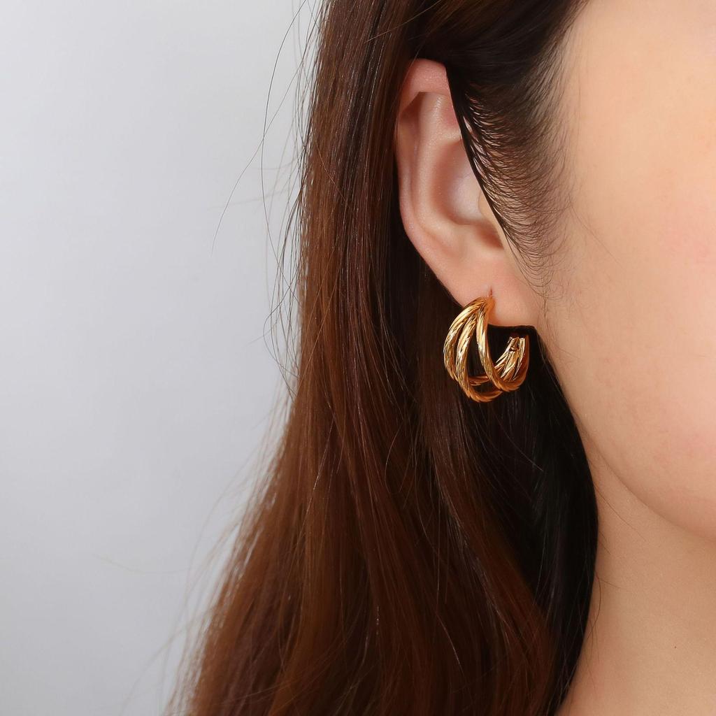 18K Gold Plated Stainless Steel Twisted Pattern Three-Strand Line Earrings - Trendy High-End Women's Fashion