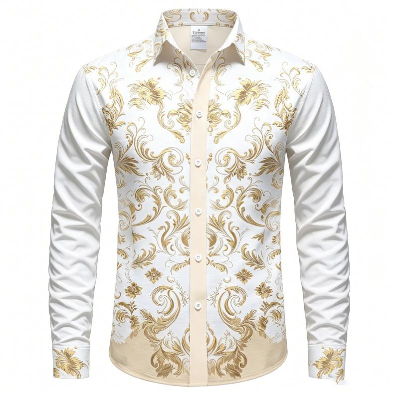 2026 Men's Shirt Long Sleeved Shirt Navy Blue Retro Vine Print Contrasting Shirt Casual Vacation Light Luxury Trendy Top
