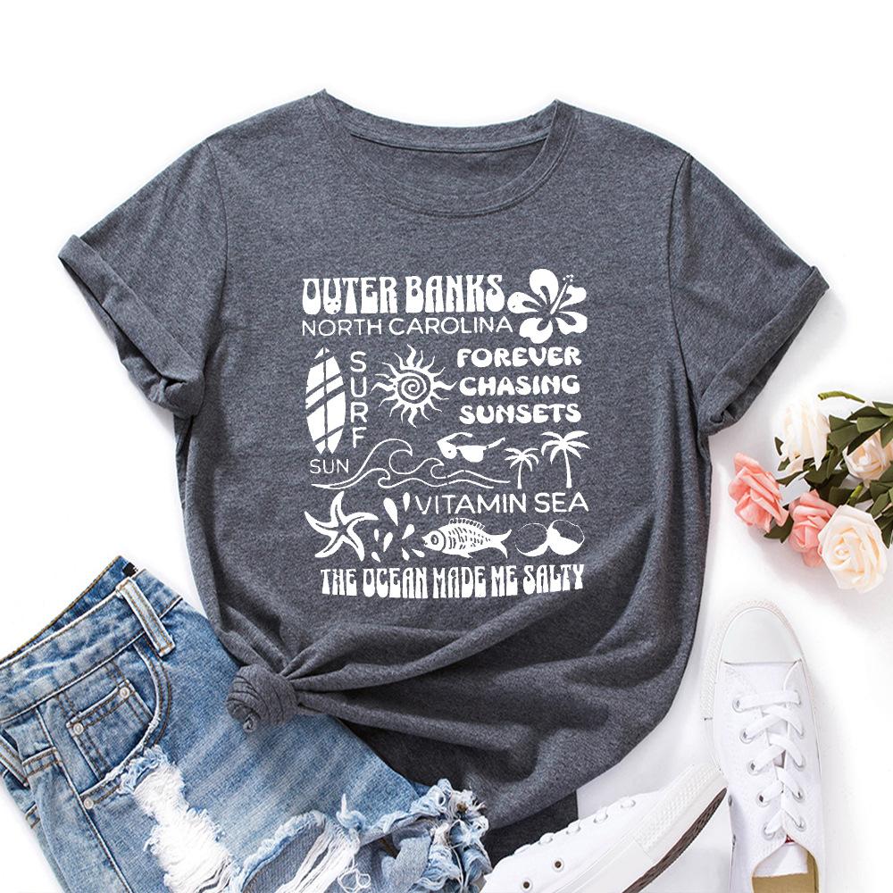 Alphabet Cotton T-Shirt Short Sleeve Round Neck Women 2d Print Tops