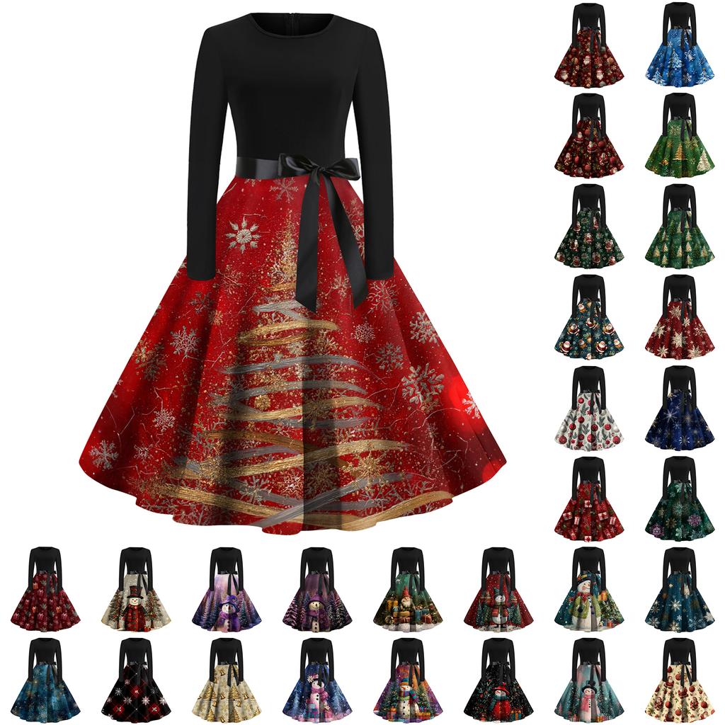 Women's Fashion Round Casual Slim Fit Christmas Print Large Swing Long Sleeve Dress