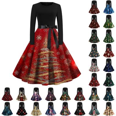 Damesmode Ronde Hals Casual Slim Fit Kerstprint Grote Swing Lange Mouw Jurk