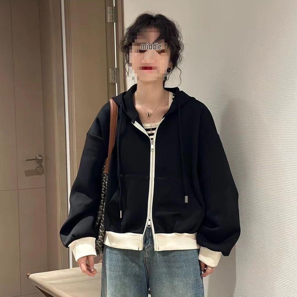 2025 Autumn-Winter Women's Patchwork Hooded Jacket: Loose Fit, Casual Zip-Up Petite Sweatshirt