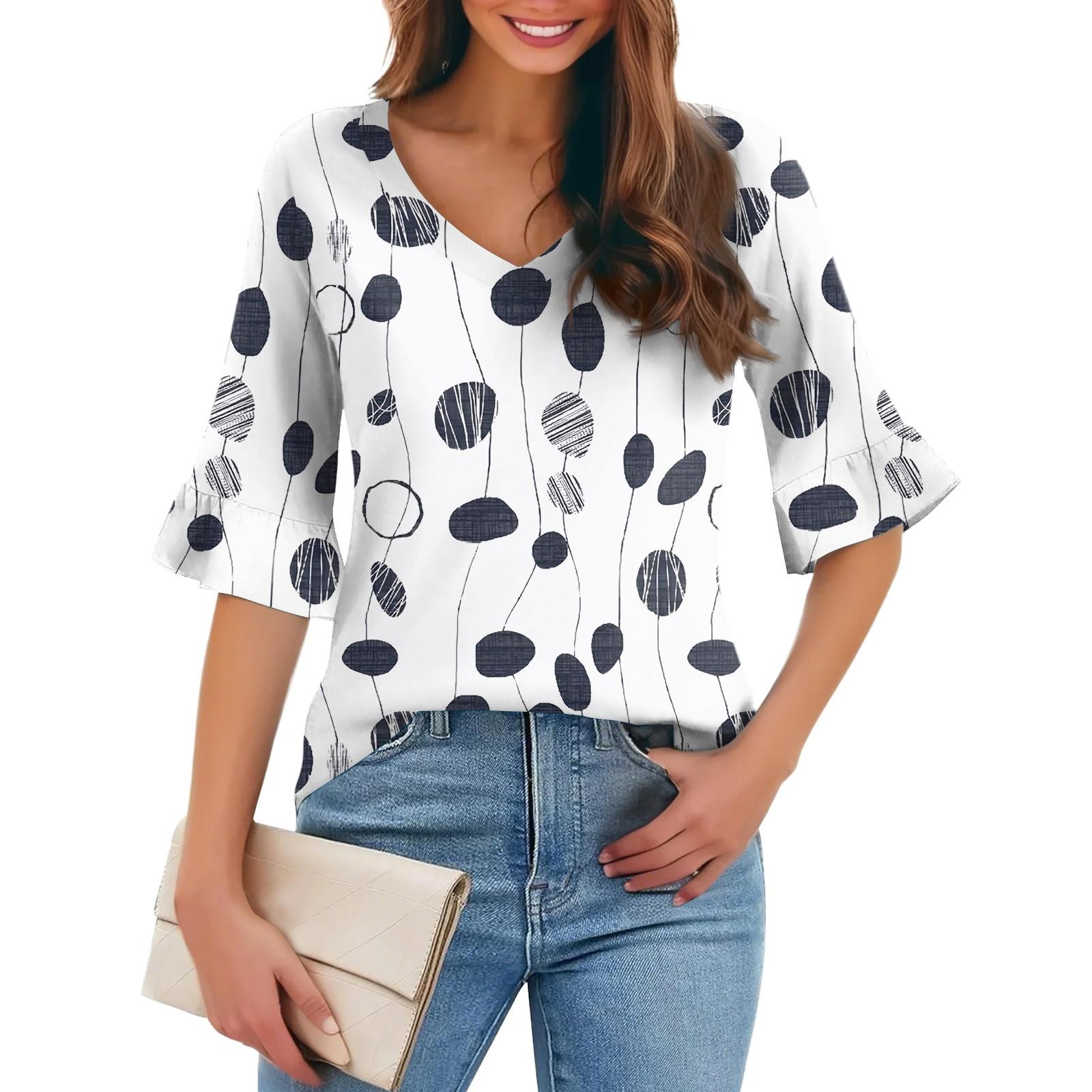 

Женская повседневная модная футболка с V-образным вырезом, свободная, для поездок на работу, с цветочным принтом и рукавами-пятью точками XXL