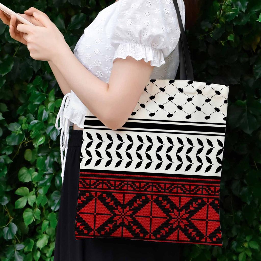 Geometric Pattern Red ,Black Traditional Design Tote Bag Picnic Accessories Shoulder Bag Large Capacity Christmas Shopping Bag