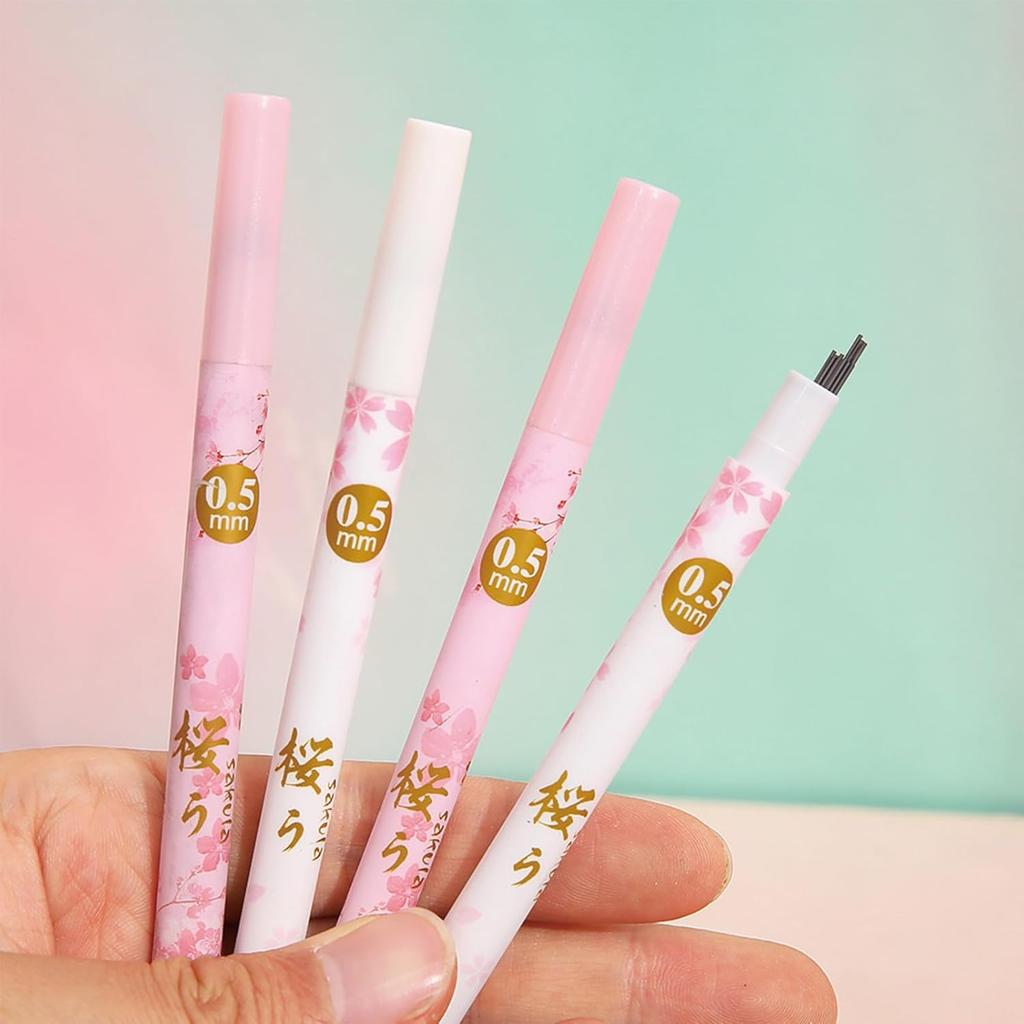 Cute Pink Mechanical Pencils with Refills and Erasers, 0.5mm Cute Mechanical Pencil Kawaii Flower Pencils for Students Women Girls Pencil Office
