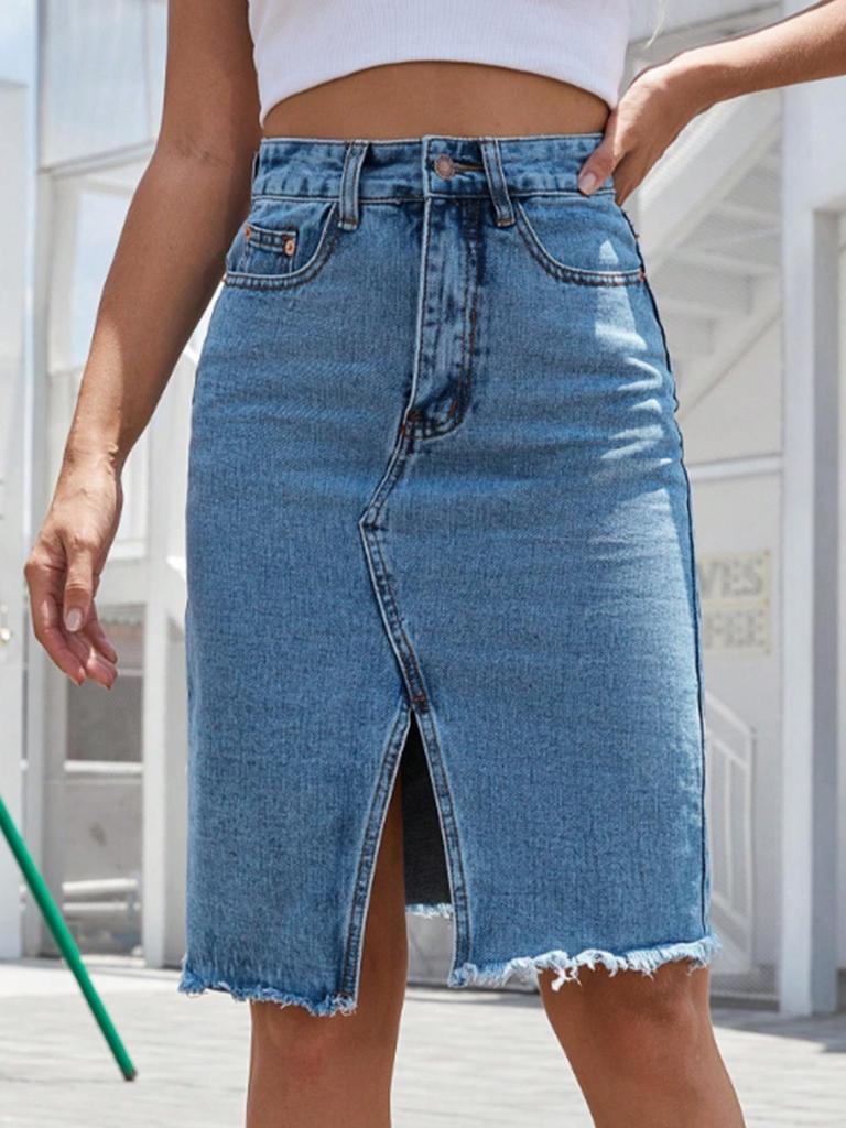 Women's High-Waisted Mid-Length Split Denim Skirt - European & American Style
