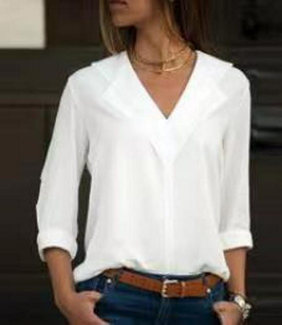 

Летний однотонный шифоновый топ с V-образным вырезом и длинными рукавами 2023 S белый