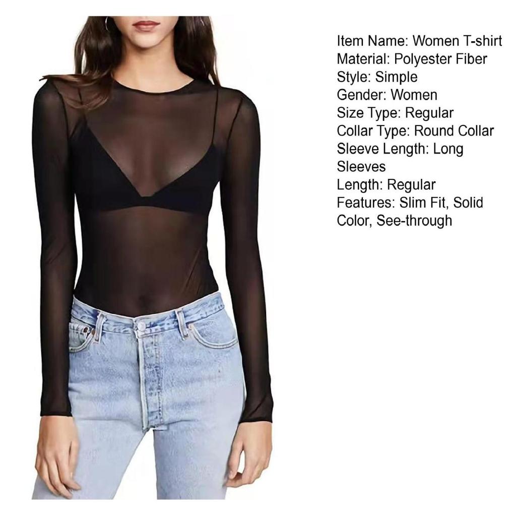 Yousheng Women T-shirt Round Neck Long Sleeve Slim Fit Pullover Tops See-through Mesh Yarn Bottom Tops Daily Wear