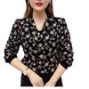 Spring Autumn Women's  Female Clothing Wave Printed V Neck Shirt Bandage Diamonds Chic Pearl Three-dimensional Decoration Blouse