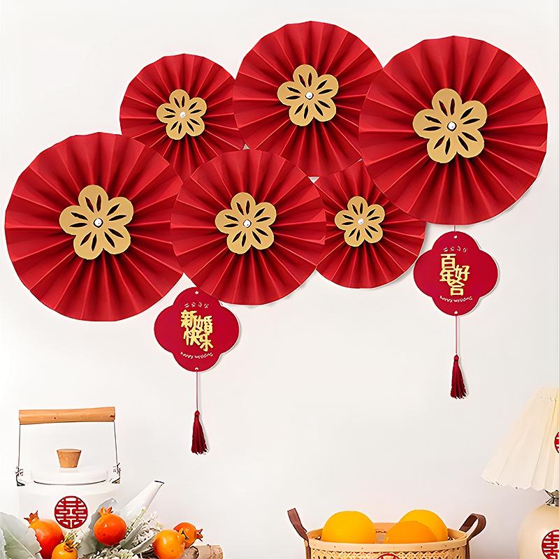 Chinese Wedding Wall Sticker Traditional New Year Paper Folding Fan Door Sticker Wedding New Year's Day Party Wall Home Decor