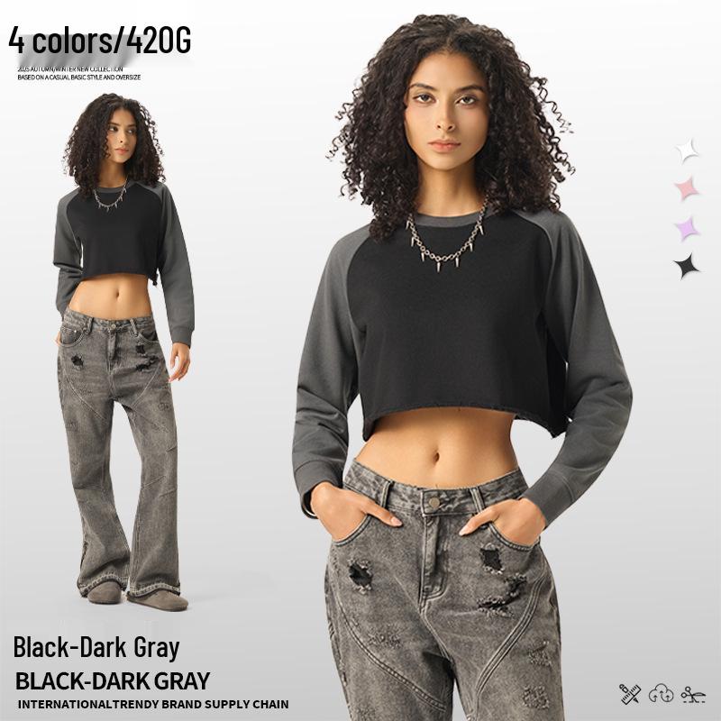 American Style Color Block Raglan Sleeve Short Top - Women s Trendy Casual Long Sleeve T-shirt Large