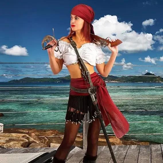 Hot Sale Halloween Pirate Costume Medieval Renaissance Linen Pirate Headscarf And Waist Belt Clothing Cosplay Special Use Appare