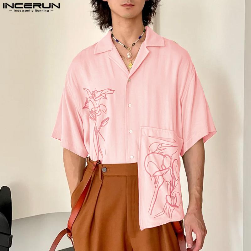 INCERUN Oversized Men Lapel Neck Short Sleeve Buttons Print Casual Shirts