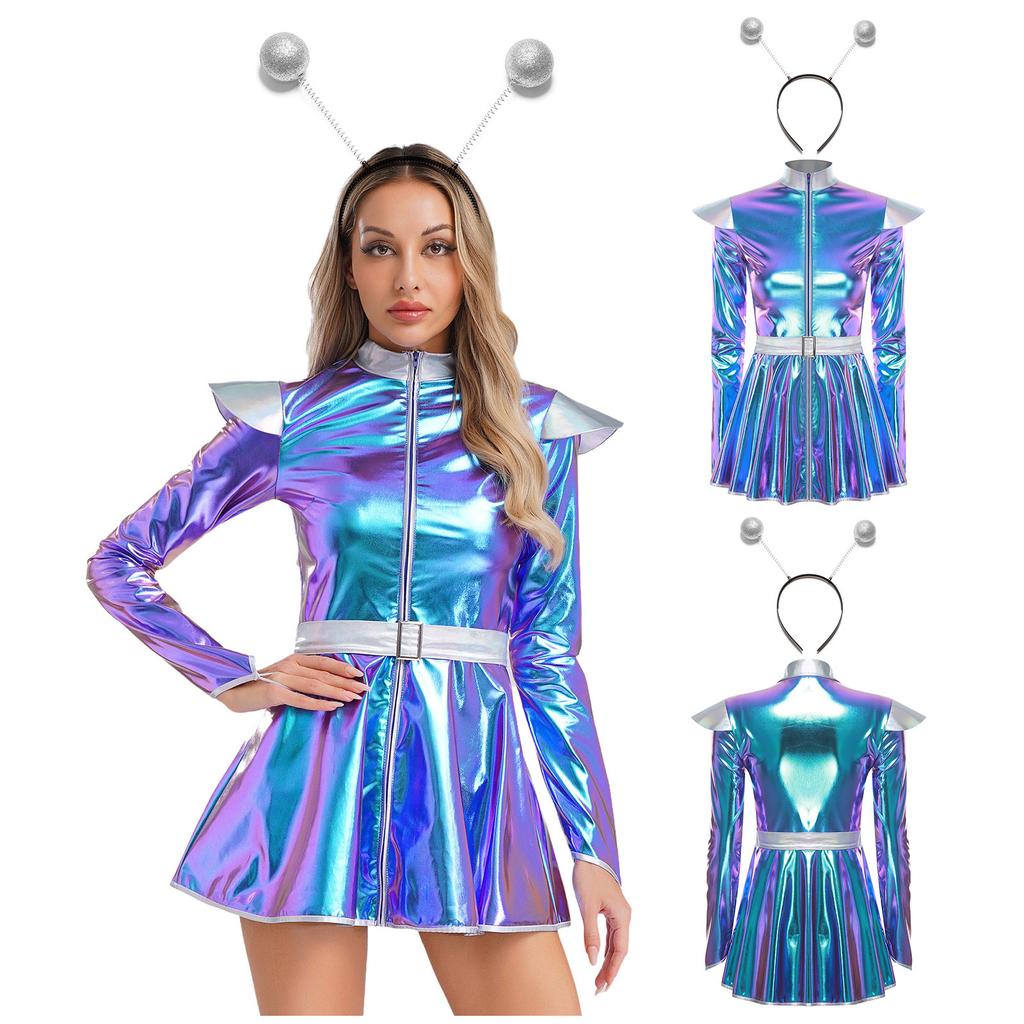 S-XXL Damen Rollenspiel Außerirdischenkleid: Halloween Astronauten Kostüm, Metallisch A-Linie mit Haarreif & Einfachem Frontreißverschluss