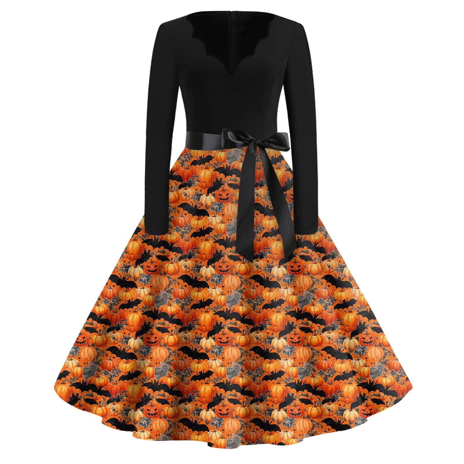 

Жіночі модні повсякденні тонкі сукні з довгими рукавами з принтом на Хеллоуїн з V-подібним вирізом XXXL