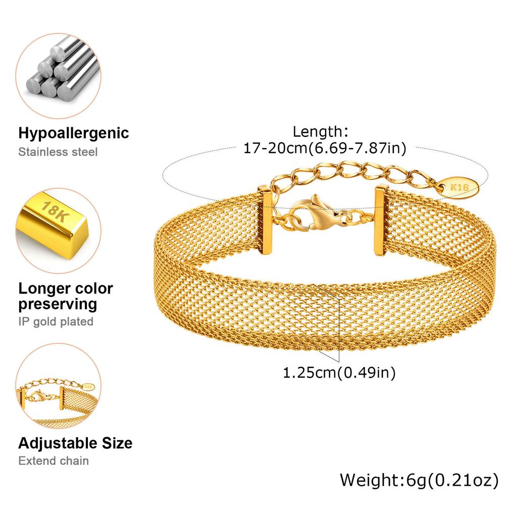Vnox 12.5mm/6mm Wide Stainless Steel Mesh Chain Bracelet Necklace For Women,Gold Plated Link Oval Tail Fashion Jewelry Set