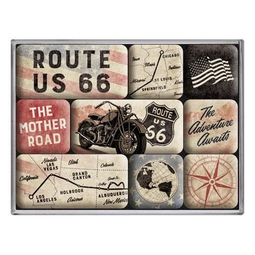 Set de magnets - ROUTE 66 - 9 pièces - 3 grands et 6 petits - Dimensions 9x7x2 cm
