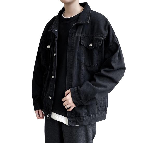 

Повседневное джинсовое пальто с лацканами, длинными рукавами, карманами-клапанами, однотонное, свободного кроя L чёрный