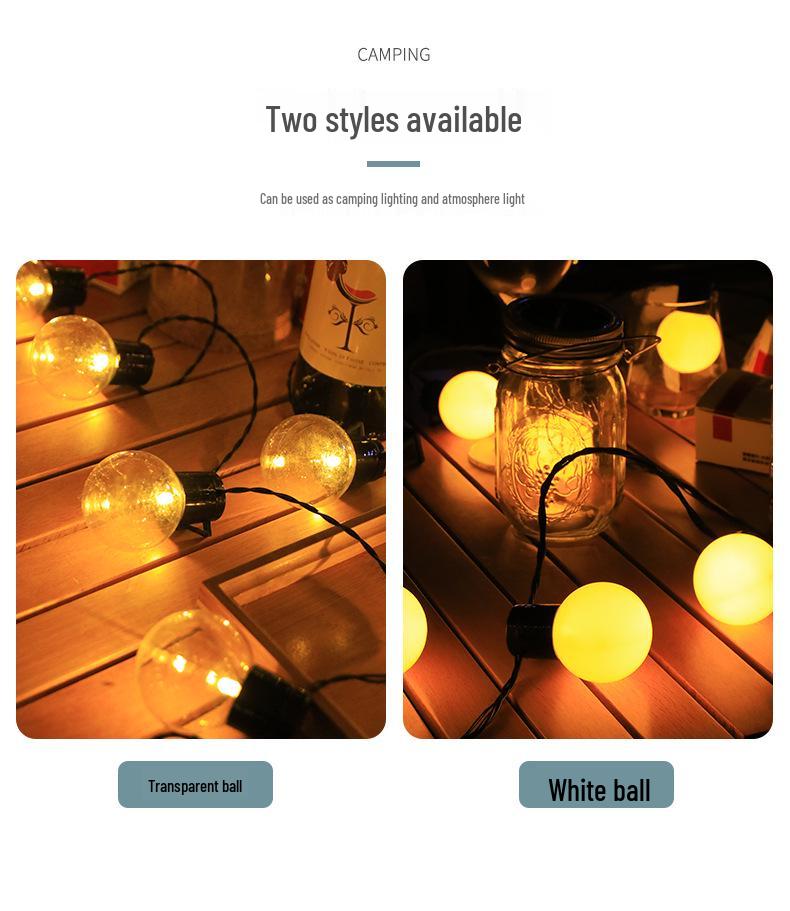 G50 Solar LED Outdoor Waterproof String Lights - Large Round Bulbs for Camping, Courtyard, Canopy, Tent, and Decorative Atmosphere.