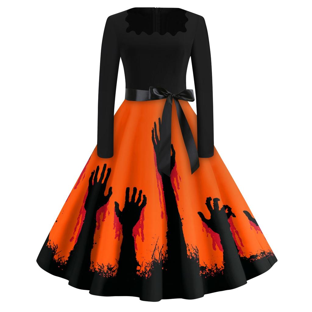 Women's Vintage Square Neck Casual Dress with Halloween Print for Fall Occasions