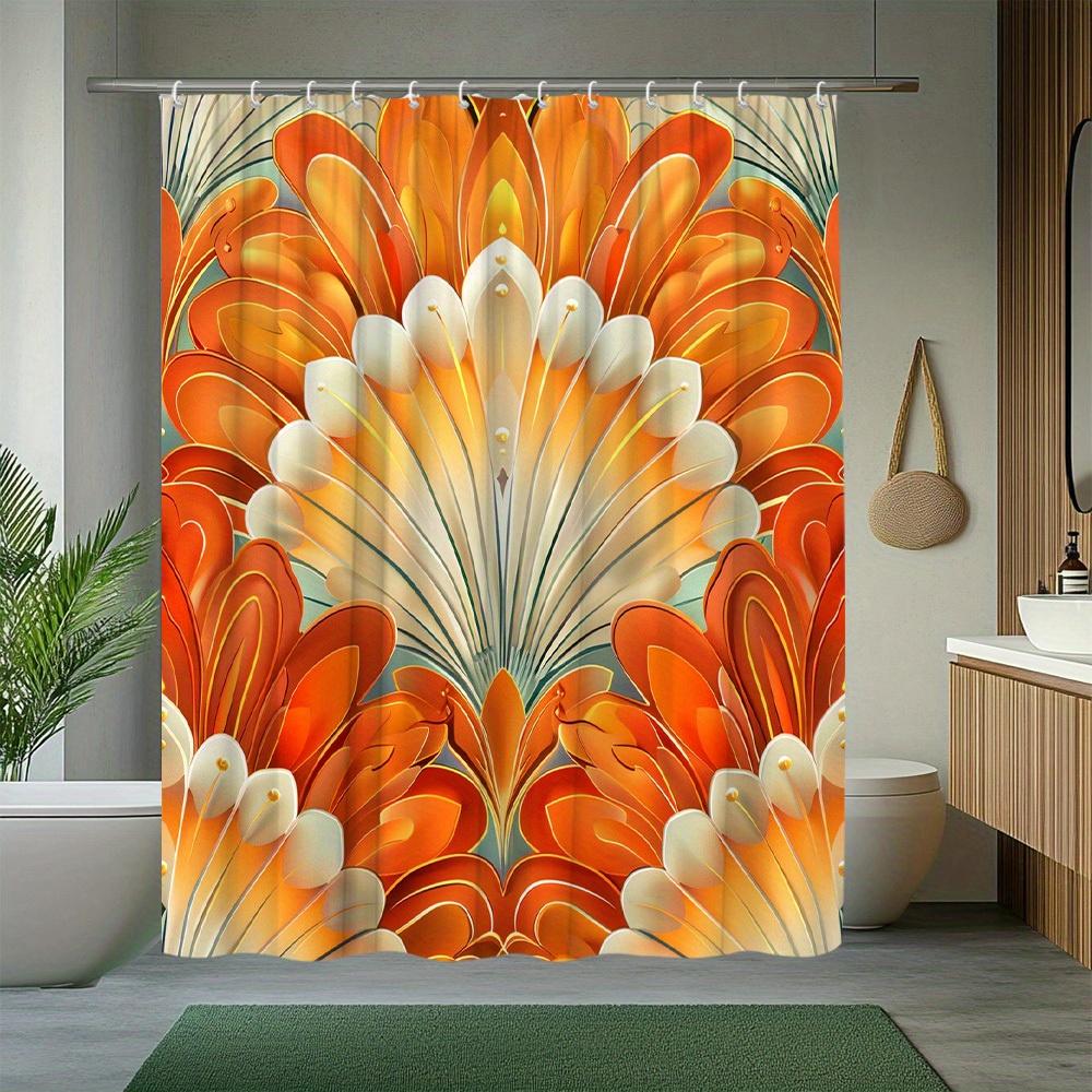 1Pc Floral Shower Curtain With Orange And White Flower Pattern, Creative Design Bathroom Decor, Polyester Fabric