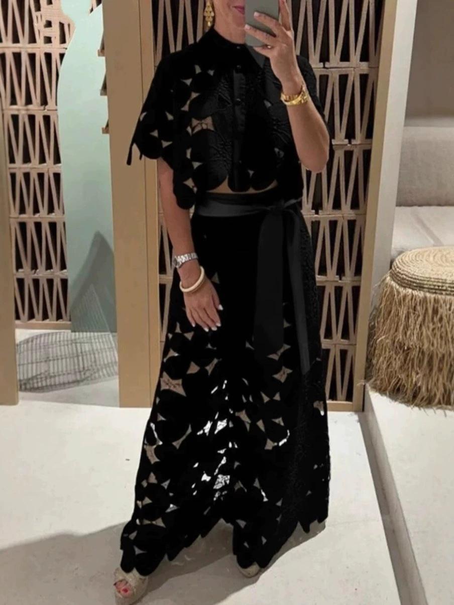 

2025 Summer Elegant Lace Hollowed-Out Shirt and Long Pants Set Medium (M) чёрный