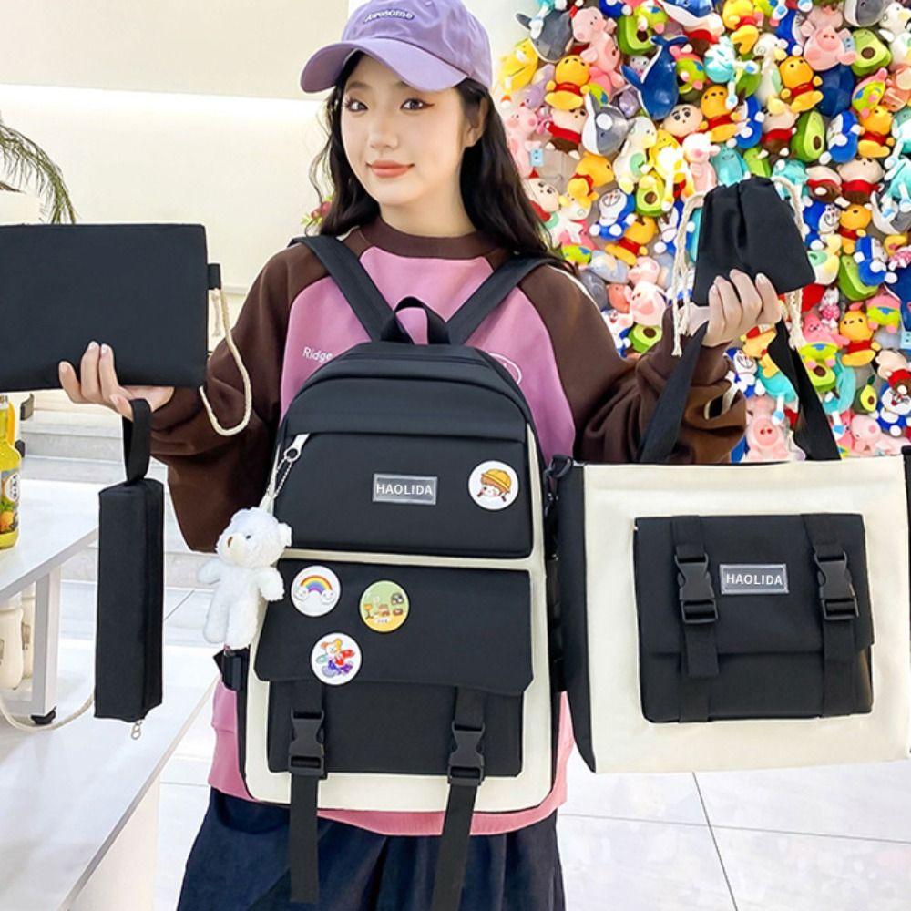 Simple Badge Shoulder Backpack Nylon Korean Style School Bag Sweet Large Capacity Bags  Girls