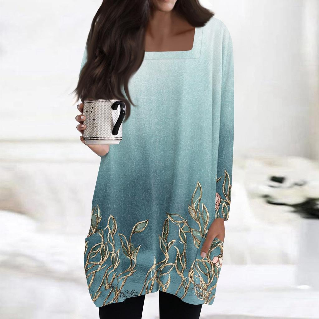 Womens Tops Square Collar Long Sleeve Blouses Casual Mid-length Shirts Fashion Print Tunic Tops With Pockets