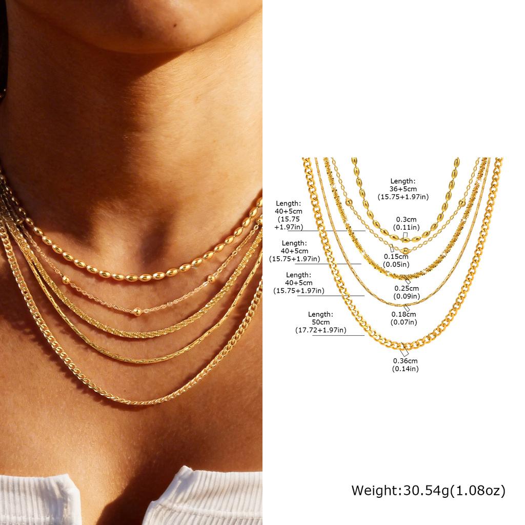 Women's Chain Necklace Waterproof Gold Plated Multi-style Single Bead Chain Layering Jewelry Stainless Steel Tarnish Free
