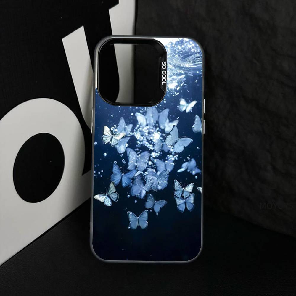Blue Butterfly Ocean Waves Phone Case For iPhone 17 16 15 14 13 12 11 XS XR X Pro Max Plus Colored Silver Plated Cover