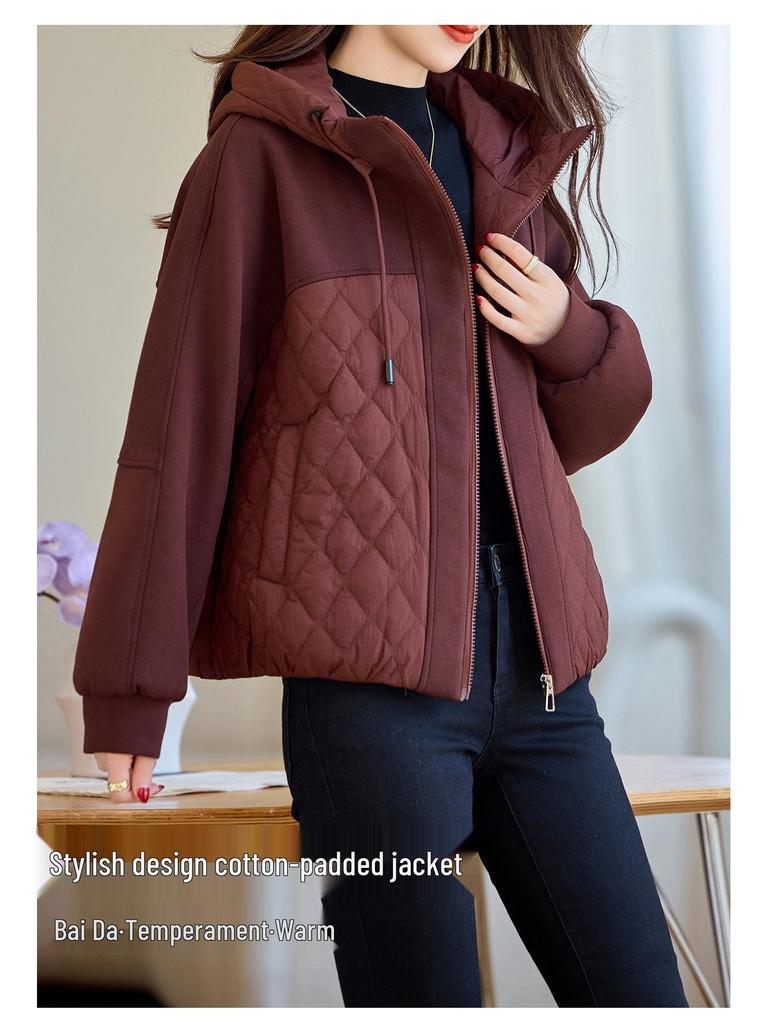 Damen 2024 Winter Casual Kapuzen-Patchwork Baumwolljacke - Locker, Übergröße, Dick & Warm Baumwollgepolsterter Mantel