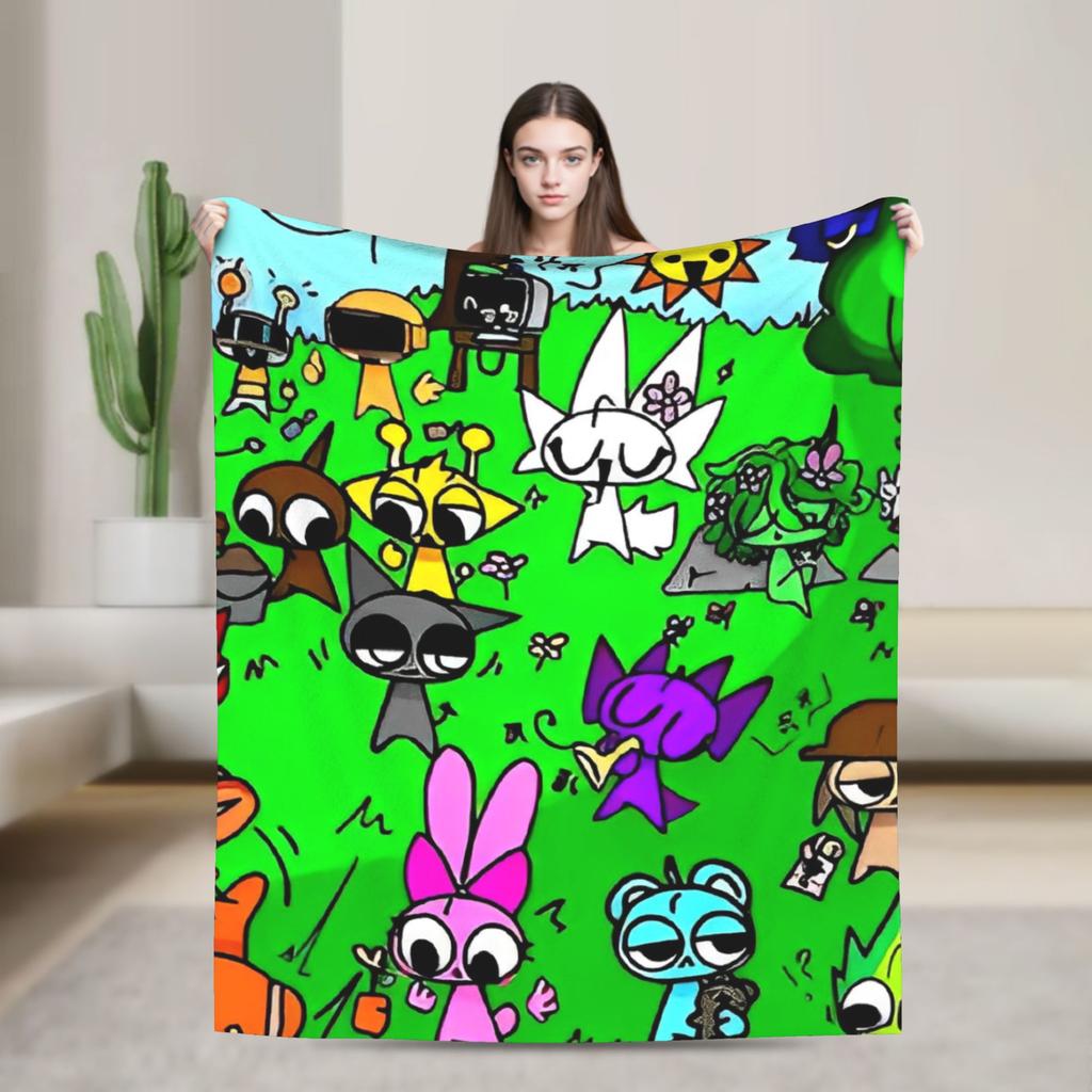 Sprunki Spiel-Flanelldecke, originelle Kuscheldecke für Zuhause, Hotel, Sofa, 125 x 100 cm, flauschig, dünn, Steppdecke