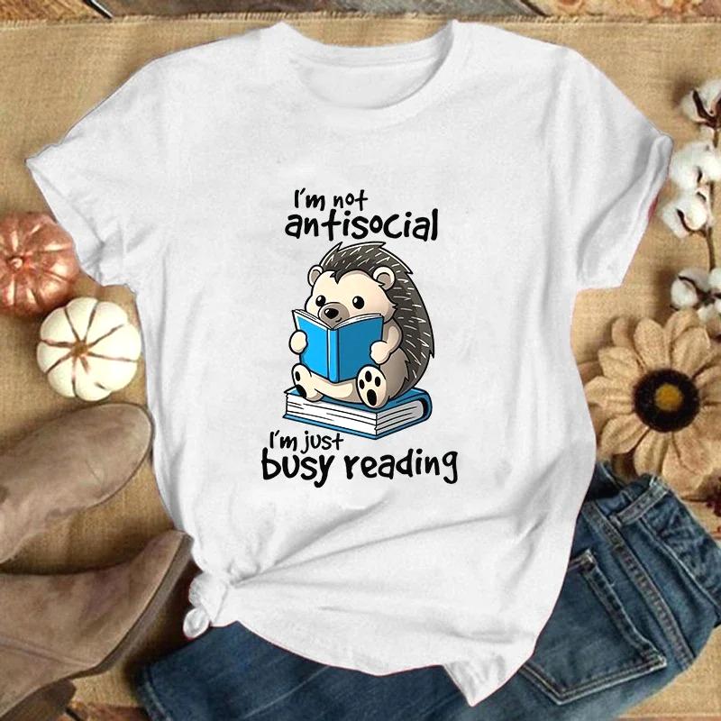

Women Tshirt Hedgehog IM Not Antisocial IM Just Busy Reading Print TShirts for Women Summer Short Sleeve Round Neck Clothing S
