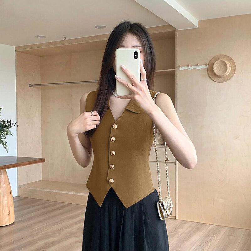 French Temperament V-Neck Single Breasted Sleeveless Slim Knitted Vest For Women