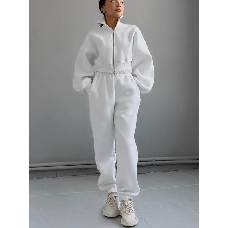 

Fashion New Arrival Minimalist Long Sleeve Fleece Pullover Pants Sports Suit Zipper Top and Pants Set White L
