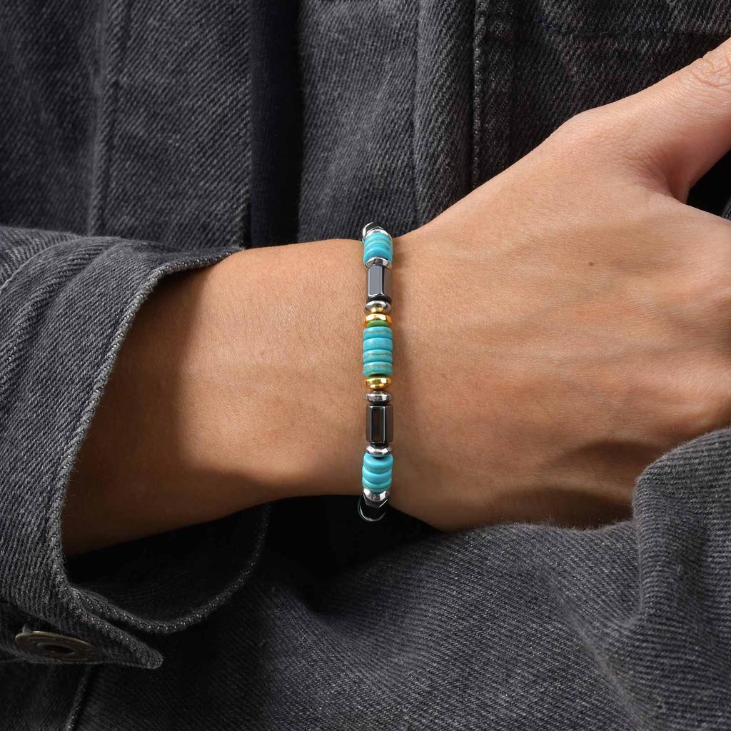 Vnox Retro Imitation Natural Blue Stone Bead Bracelets for Women Men, Elastic String Bracelet Jewelry Trend Bohemian Accessories