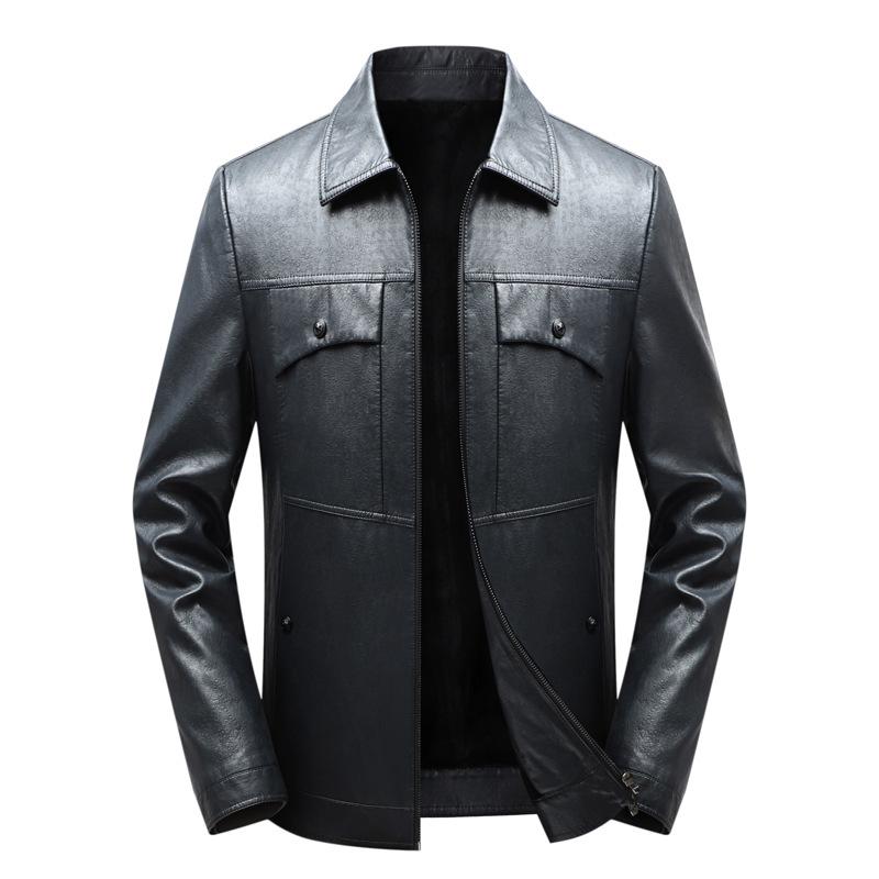 New Men's Leather Jacket Thin Velvet Multi-pocket Multi-color Lapel Middle-aged Leather Jacket Men's Motorcycle Leather Jacket Men's Clothing