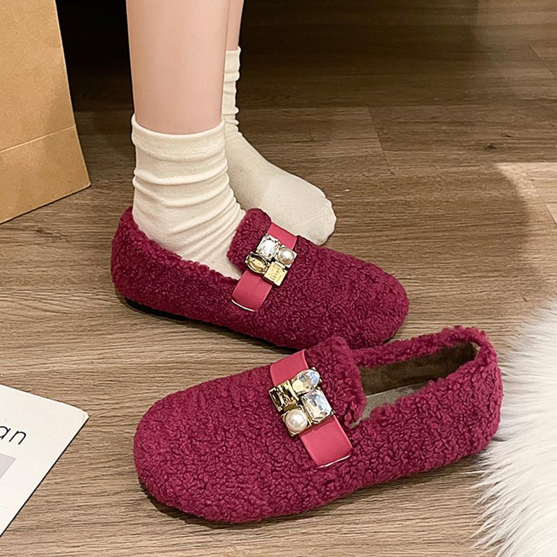 Fur Flats Women Loafers Shoes Bead Crystal Designer Casual Shoes 2025 Trend Short Plush Winter Cotton Boots Warm Botas De Mujer
